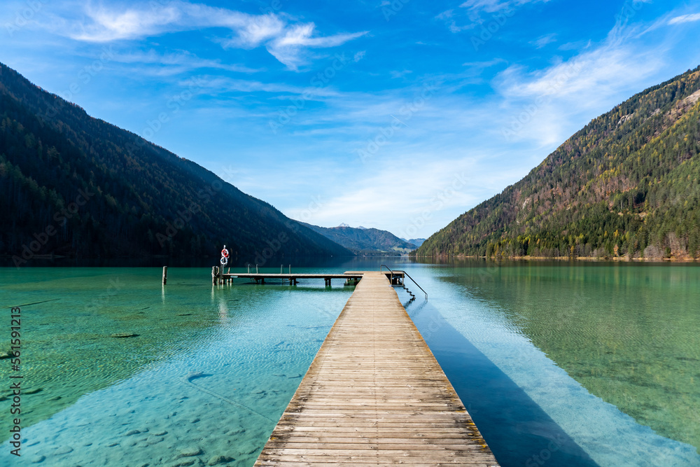 Lake Weissensee in Carinthia. Jetty at the east riverbank close to Stockenboi. Lake Weissensee in Carinthia. Jetty at the east riverbank close to Stockenboi.