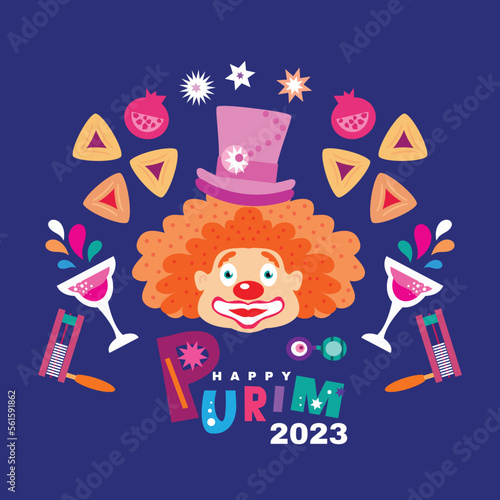 Purim - holiday  jewish carnival  Lettering in Hebrew  translition " Happy Purim" celebration banner Carnival mask, Hamantashen, confetti, clown, garland, hat, firework,  Purim Jewish festival concept