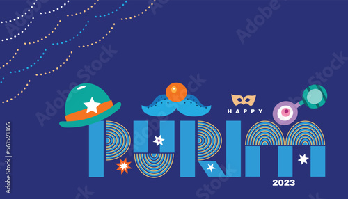 Purim - holiday  jewish carnival  Lettering in Hebrew  translition " Happy Purim" celebration banner Carnival mask, Hamantashen, confetti, clown, garland, hat, firework,  Purim Jewish festival concept