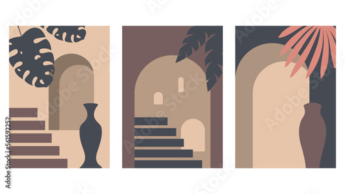 tree posters boho style with plants, architecture and vases