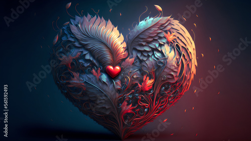 Feather or Leaves Heart St. Valentine's Card Love Background. Generative AI © htpix