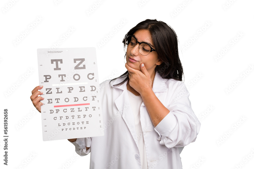 Young indian oculist woman holding an eye chart paper cut out isolated looking sideways with doubtful and skeptical expression. Young indian oculist woman holding an eye chart paper cut out isolated looking sideways with doubtful and skeptical expression.