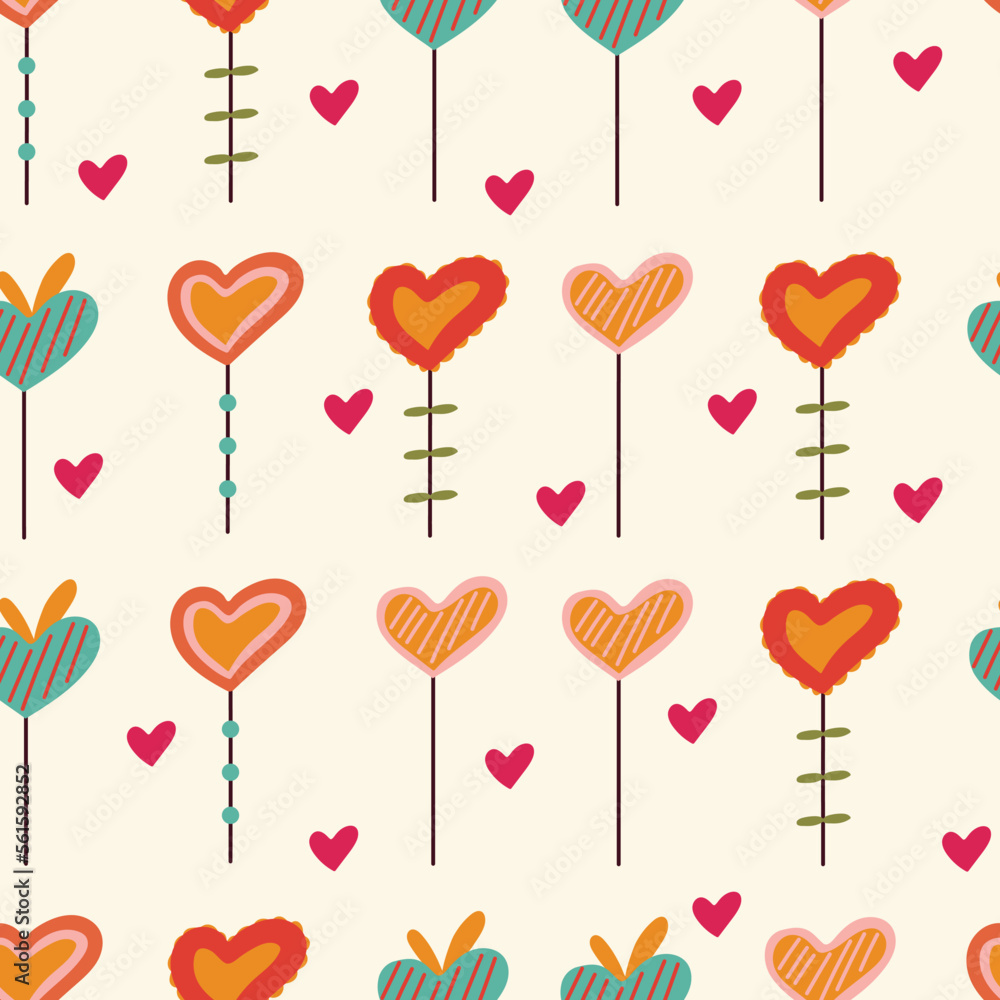 Seamless pattern. Vector design with hearts suitable for Valentine's Day, paper, cover, fabric, interior decor and more. Illustration on a light background.