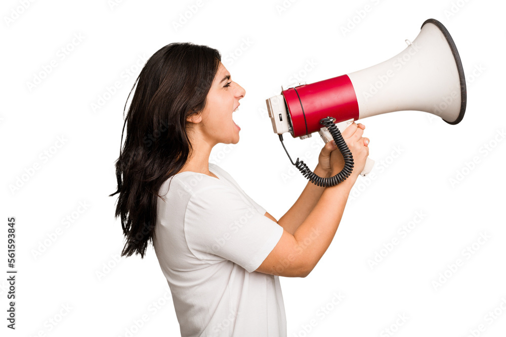 Young Indian woman holding a megaphone isolated Young Indian woman holding a megaphone isolated