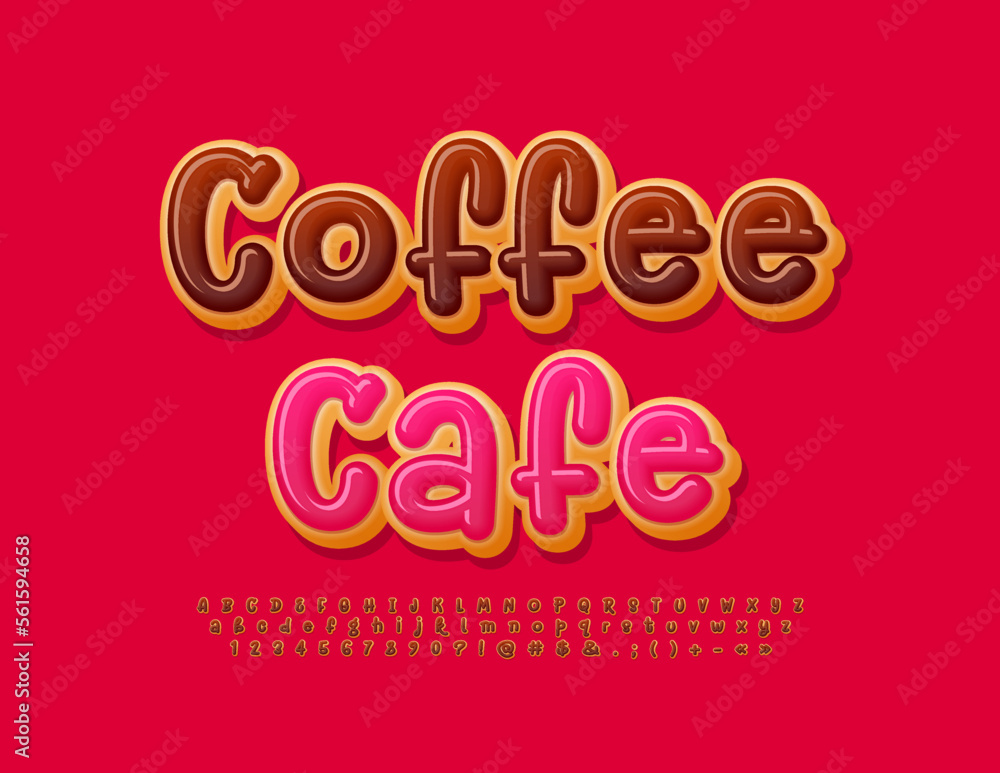 Vector artistic logo Coffee Cafe with Chocolate glazed Font. Sweet cake Alphabet Letters, Numbers and Symbols set