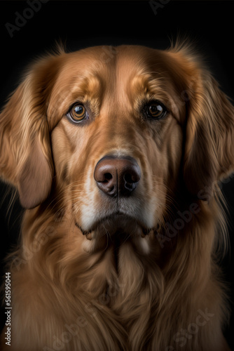 Potrait studio shot of beautiful Golden Retriever dog on a dark black background