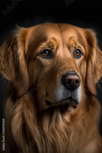 Potrait studio shot of beautiful Golden Retriever dog on a dark black background
