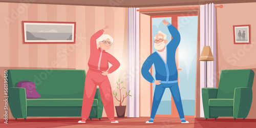 Elderly daily routine. Pensioner making home exercises senior people exact vector background template