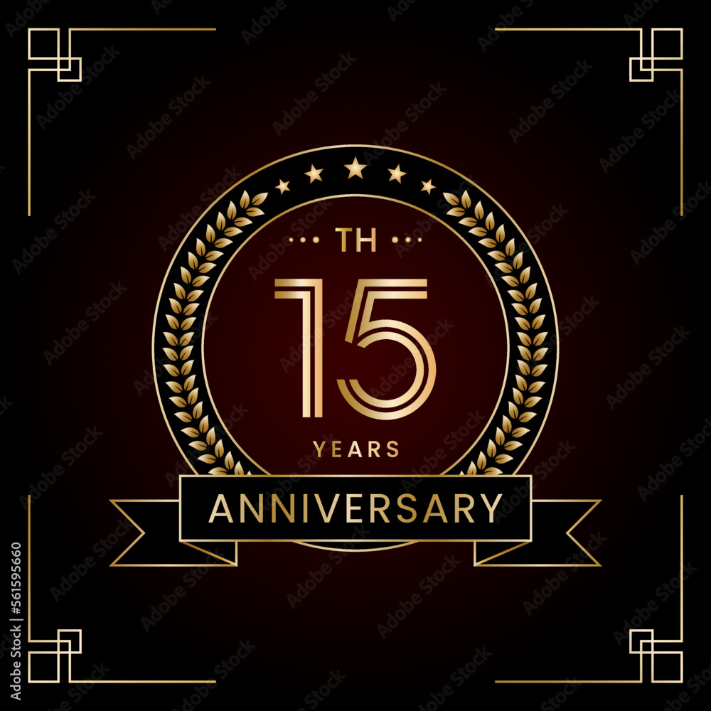 Fototapeta premium 15th Anniversary Logo Design Concept with Laurel wreath for Birthday Celebration Event. Line Art Design, Logo Vector Template