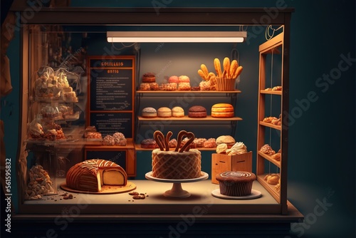 Stampa su tela a bakery display case filled with lots of cakes and pastries on display in it's glass case, with a display of cakes and other pastries behind it, in a dark room
