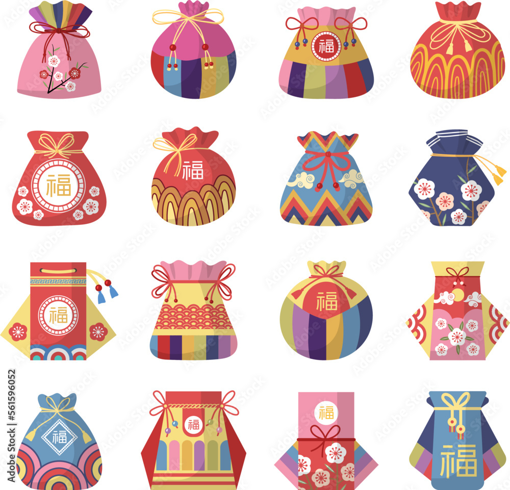 Lucky bags. Containers for gifts lucky pockets recent vector authentic asian templates