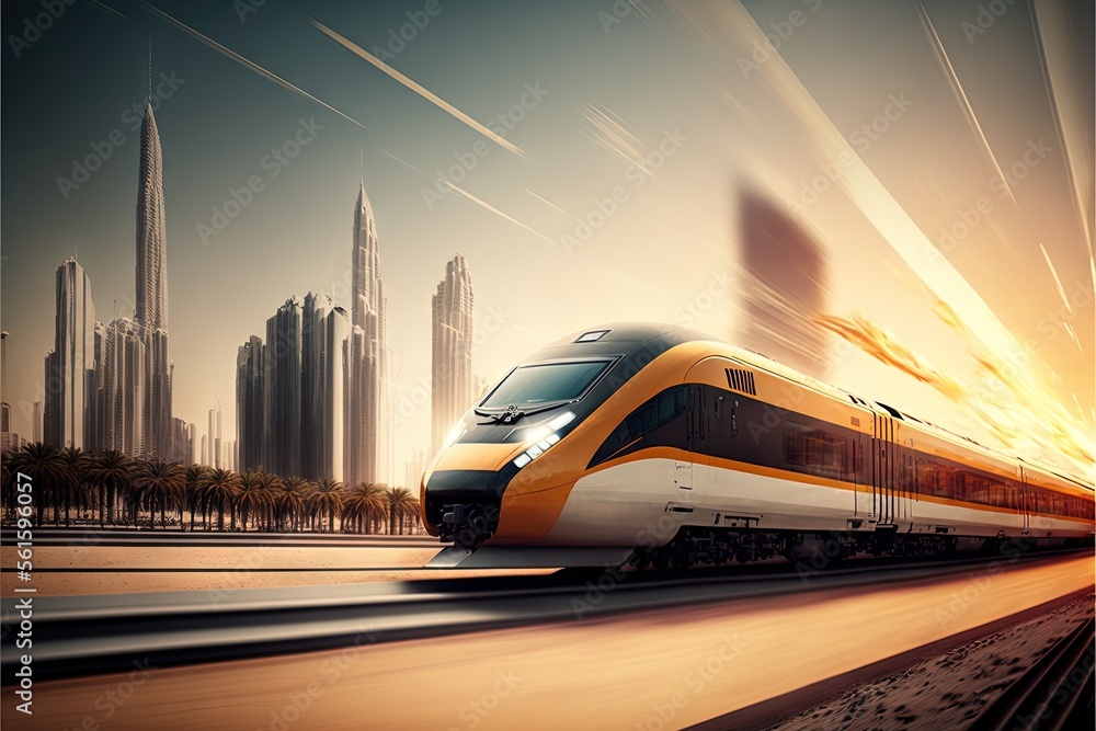 a train is traveling through a city with tall buildings in the ...