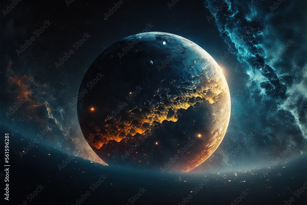 a planet with a bright orange glow in the middle of it and a dark blue ...