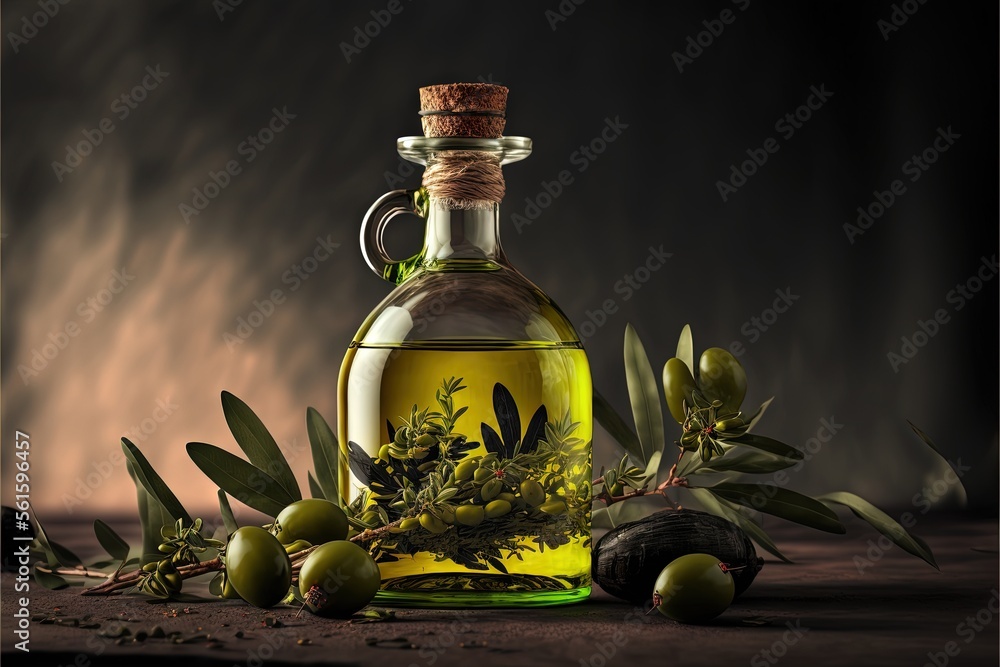 a bottle of olive oil with olives and leaves on a table with a dark ...