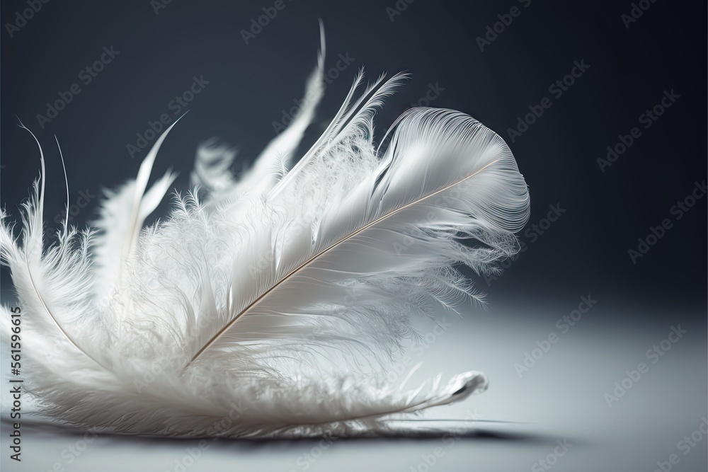 a white feather is laying on a table top with a dark background and a ...
