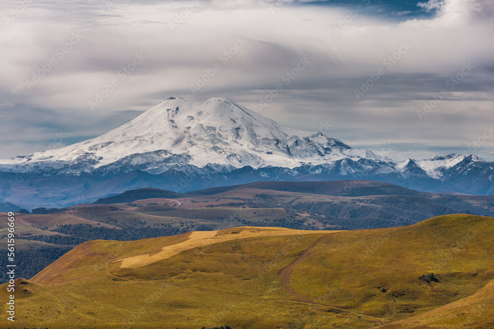 A view on Elbrus mountain and Malka river valley. Dzhili-Su, Republic of Kabardino-Balkaria