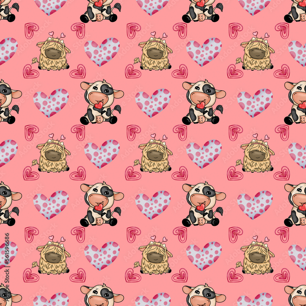Seamless pattern with hearts and cows