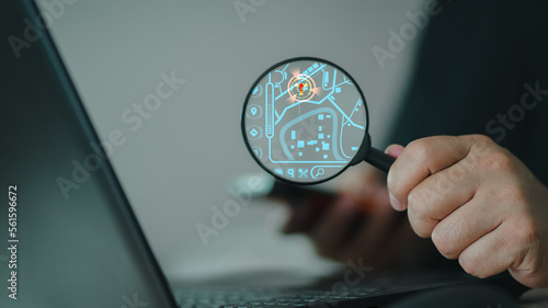 Red human icon inside of magnifier glass for customer focus and customer relation management or CRM concept. Search and track people. GPS technology concept.