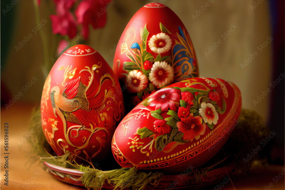 Easter eggs holidays easter happy red eggs view spring decoration, Generative AI Easter eggs holidays easter happy red eggs view spring decoration, Generative AI