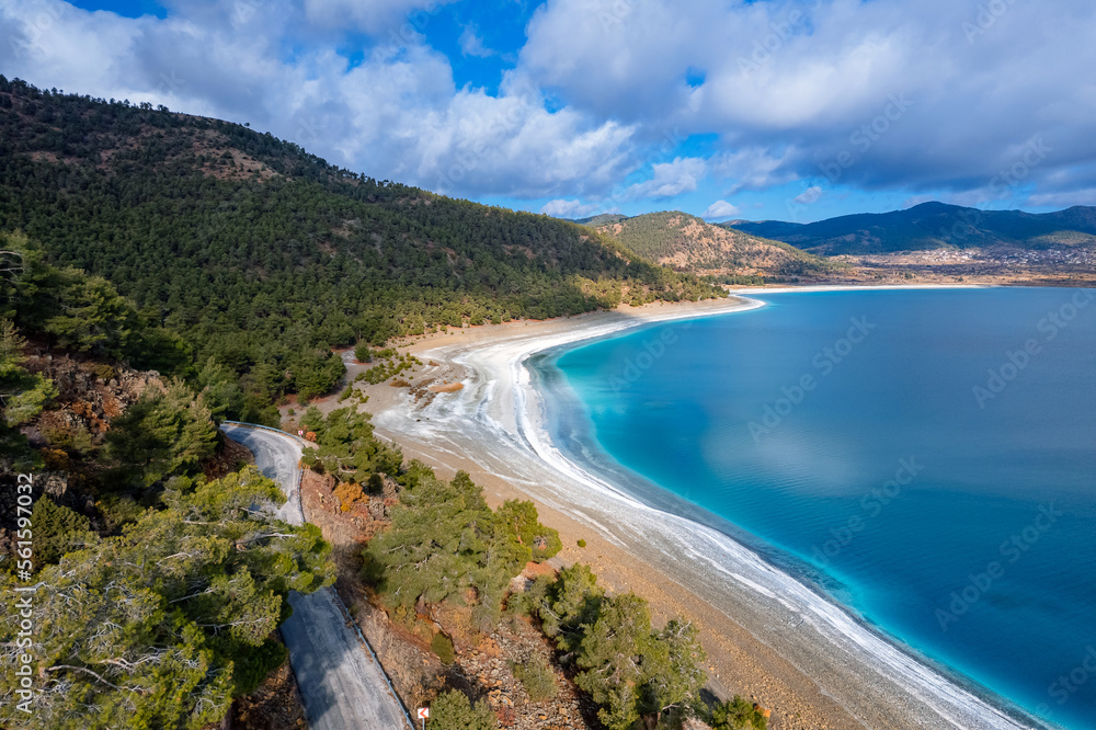 Turkey Salda lake with blue turquoise water, aerial view landscape