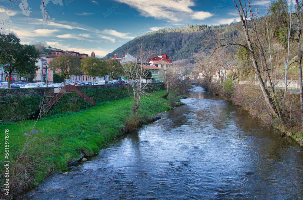 Piloña river running through Infiesto village, Piloña, Asturias, Spain