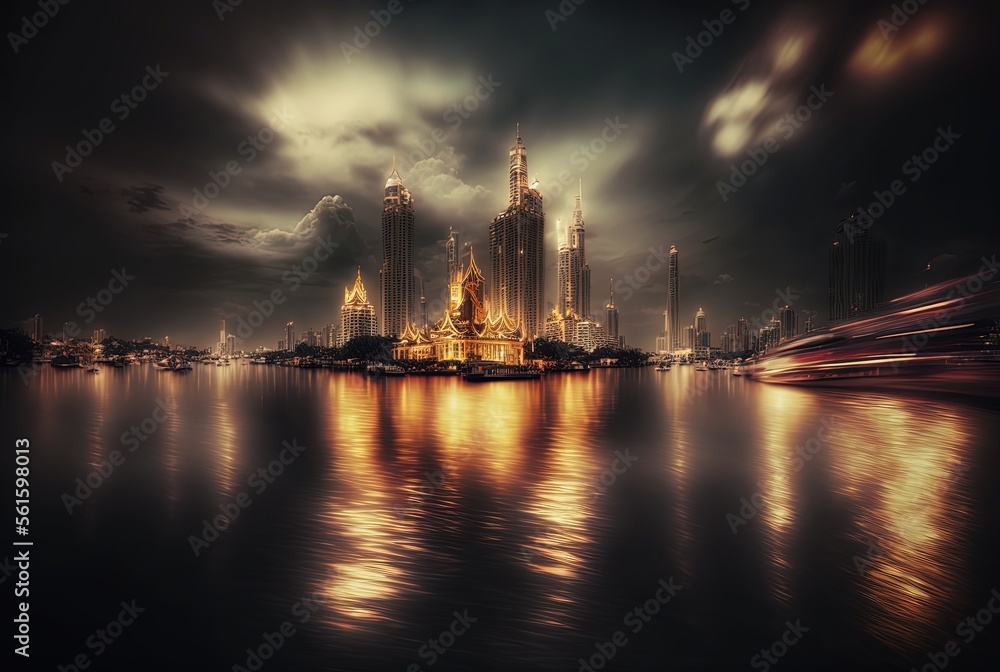 Naklejka premium illustration abstract background of blurred urban cityscape at riverside, inspired from Chao Phraya River, Thailand, Generative Ai