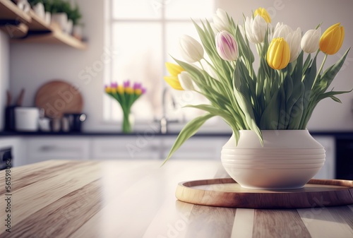 Tela tulips bouquet in vase on wooden table at kitchen, warm light shine bright from
