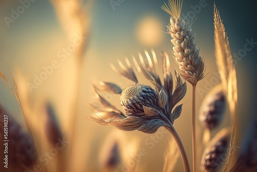 beautiful close up gold dry grass with field as background, Generative Ai