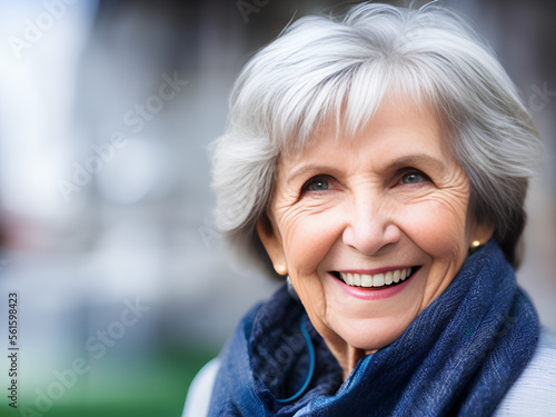 Natural happy senior woman with gray hair and beautiful smile. Blue eyes. Portrait. Blurred background. Generative AI