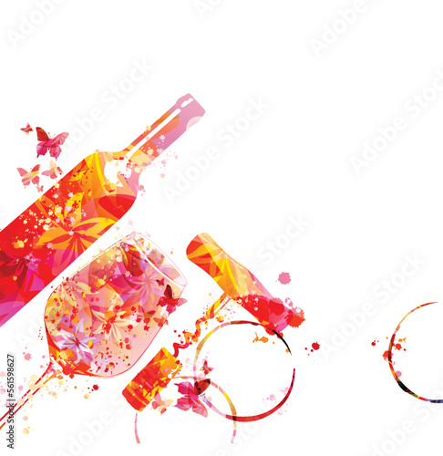 Elegant wine glass, corkscrew and bottle with flowers. Floral aroma wine in goblet. Colorful stemware with alcoholic beverage for celebrations and special occasions. Degustation events. Wine making.