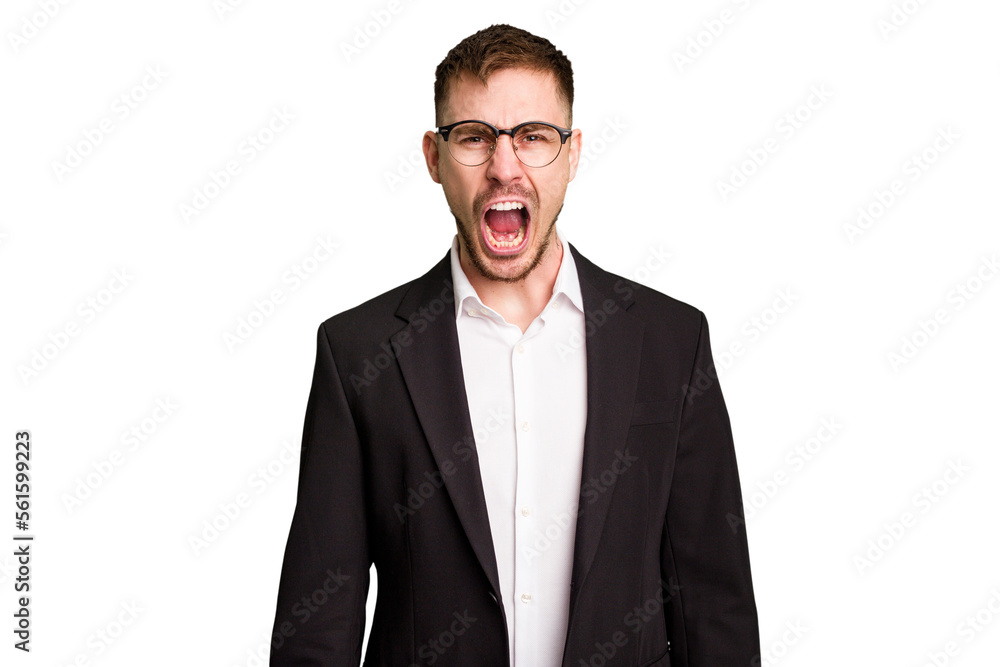 Young caucasian business man cutout isolated screaming very angry and aggressive. Young caucasian business man cutout isolated screaming very angry and aggressive.