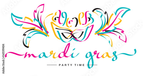 Mardi Gras party time banner design. Handwritten colorful ribbon shape text and mask with plumage illustration isolated on white background