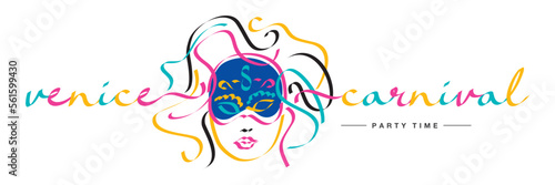 Venice Carnival party time banner design. Handwritten colorful ribbon shape text and mask illustration isolated on white background