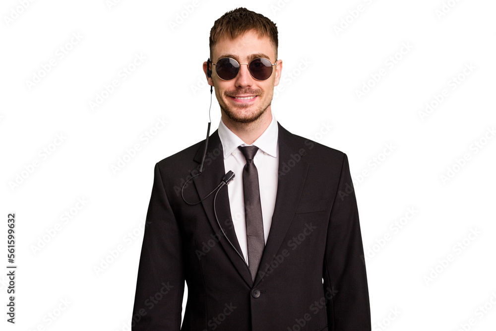 Security bodyguard man wearing a suit isolated cut out happy, smiling and cheerful. Security bodyguard man wearing a suit isolated cut out happy, smiling and cheerful.