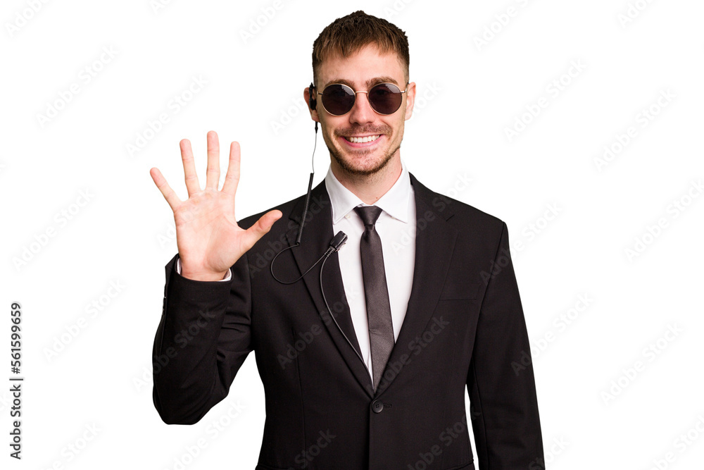 Security bodyguard man wearing a suit isolated cut out smiling cheerful showing number five with fingers.