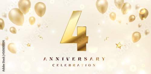 4th Anniversary celebration background. 3D Golden numbers with bent ribbon, confetti and balloons.