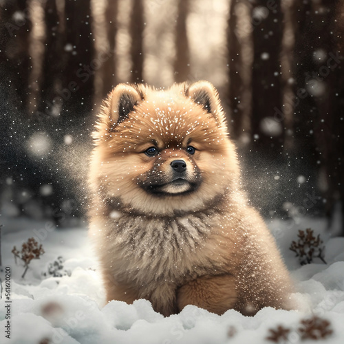 Cute fluffy puppy in a snowy forest. Illustration generated by AI © Tata Che
