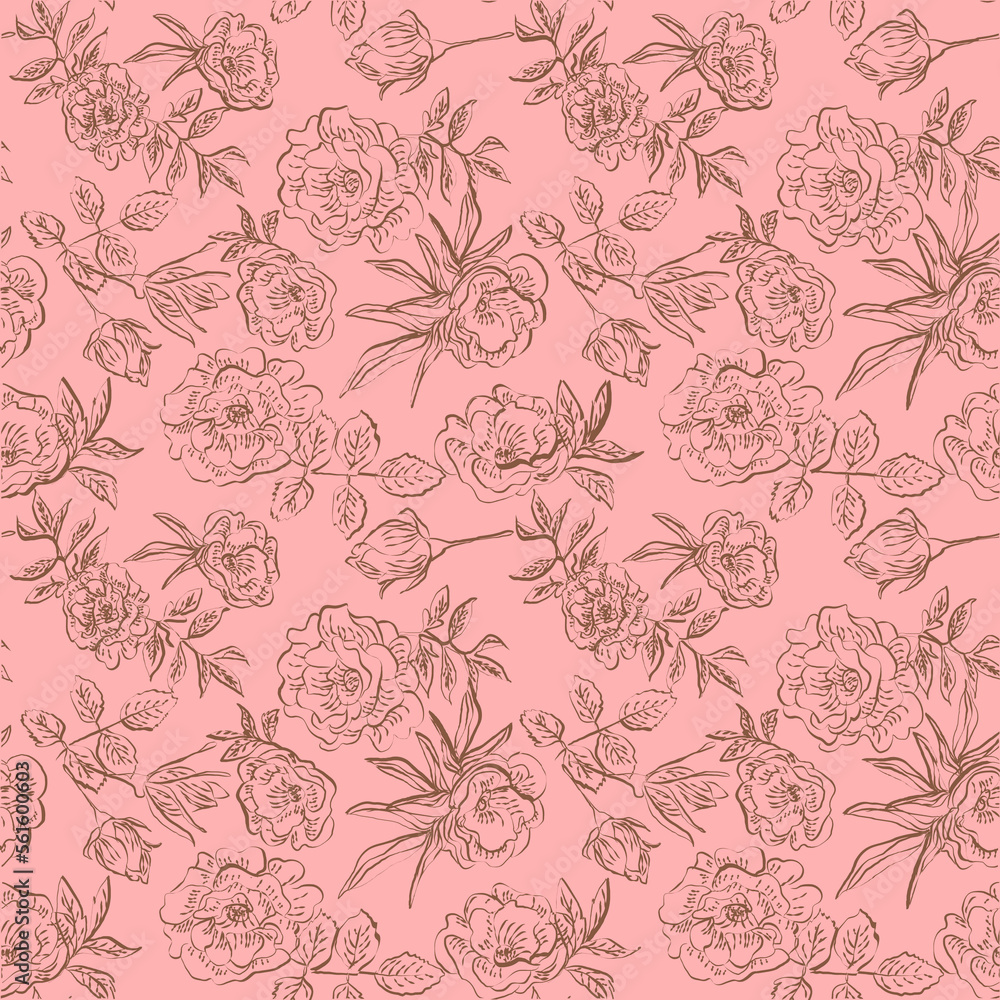 Flower pattern with contour roses chocolate colored on pink background Flower pattern with contour roses chocolate colored on pink background
