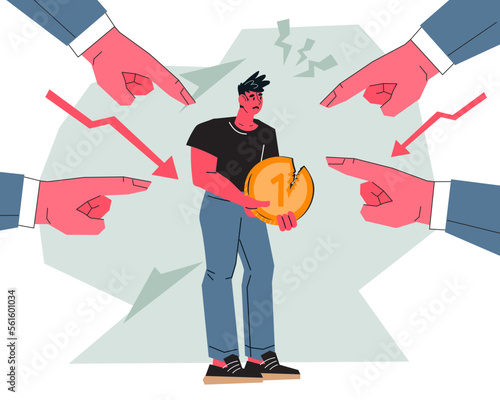 Underpaid worker in a hostile, toxic work environment and nagging from superiors. Poor work, overload and aggressive boorish attitude of management, flat vector vector isolated on white background.