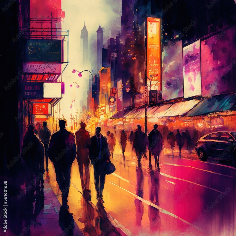 a painting of people walking down a city street at night time with neon ...