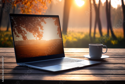 Blank laptop or notebook screen on a wooden table with a foggy background, morning sun, and orange bokeh from nature. Generative AI