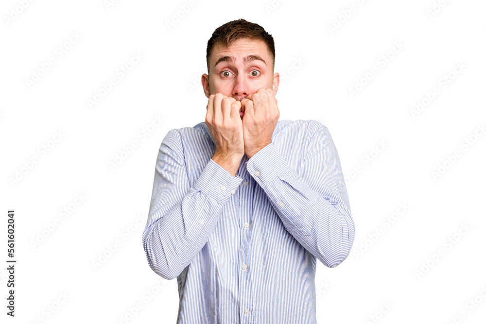 Young caucasian man cut out isolated biting fingernails, nervous and very anxious. Young caucasian man cut out isolated biting fingernails, nervous and very anxious.