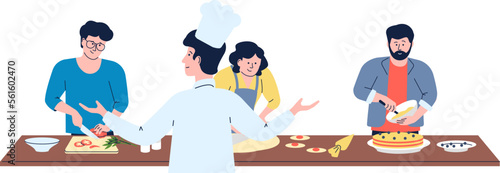 Chef workshop or lesson. Restaurant chefs training, people cooking and baking. Food preparation tv show, flat characters cook together vector scene