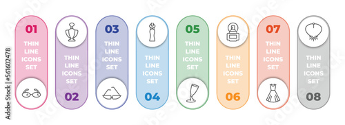 woman clothing infographic element with outline icons and 8 step or option. woman clothing icons such as reading eyeglasses, perfume bottle, cat eyes glasses, long dress, creme container black,