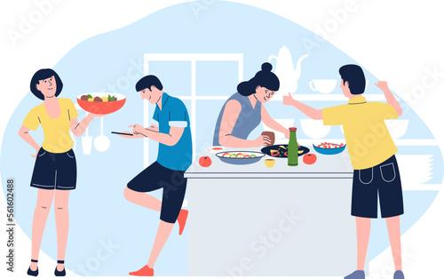 Friends cooking together. Happy weekend, family on kitchen cook dinner with fresh vegetables. Flat people on culinary workshop, vector concept