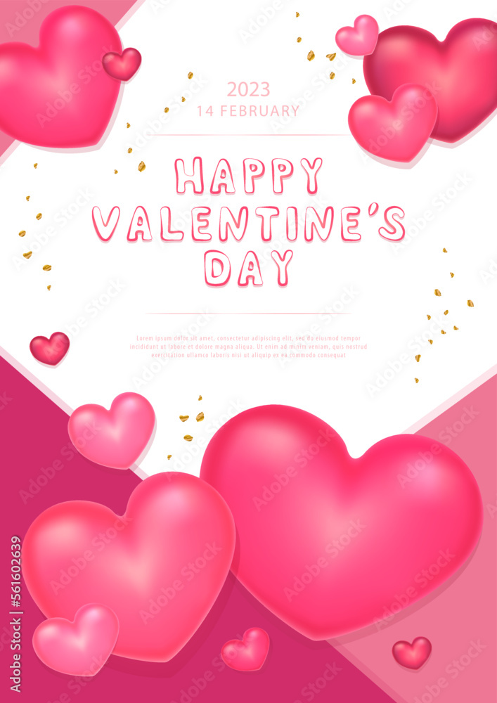 Conceptual poster for Valentine's Day. 3d red and pink hearts, symbol of love. Cute love banner or greeting card
