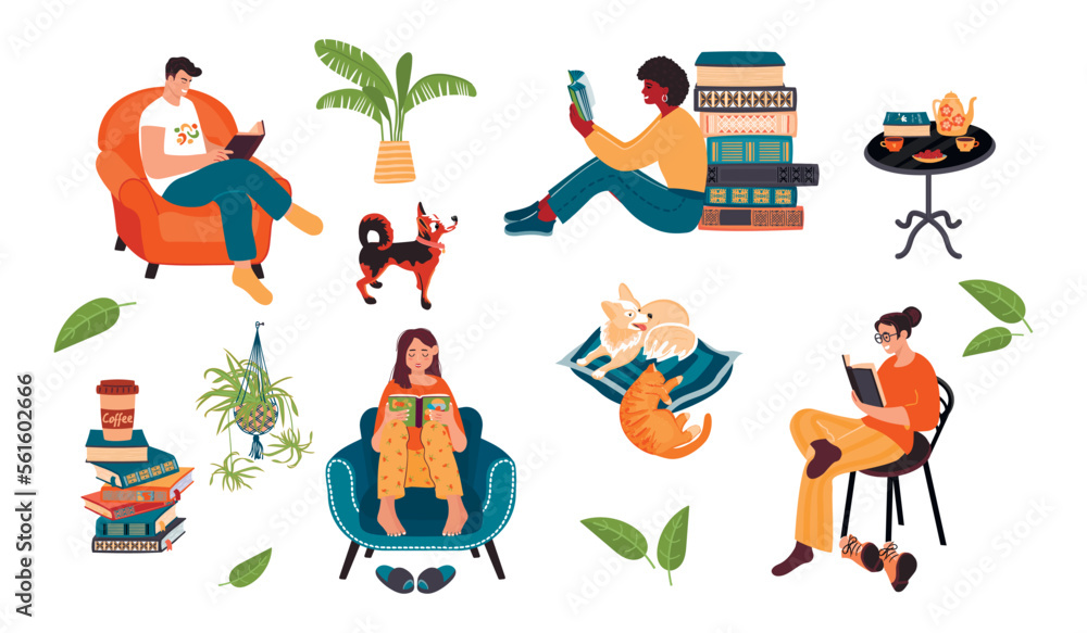 Fototapeta premium Collection of people sitting in armchairs and reading books.Male and female with storybooks,cat,dogs,house plants,table,coffee.Vector clip art set isolated on white.Readers concept.Flat illustration. 