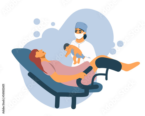 The woman gave birth to a child in the hospital. Obstetrician-gynecologist with a newborn baby. Vector illustration