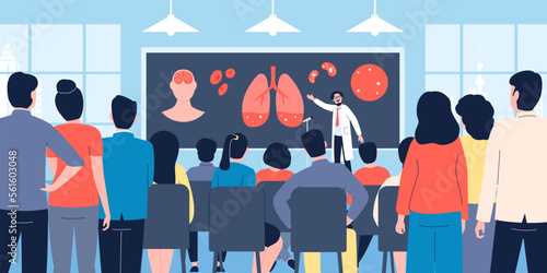 Medical healthcare conference, audience on courses doctor. Speaker and students, science congress or college lecture. Health training recent vector scene