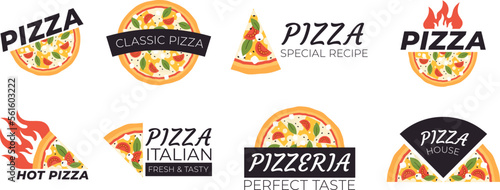 Pizza logo set. Italian pizza slices for dinner. Pizzeria stickers, fast food logotypes. Italia restaurant or delivery, racy vector badges for package